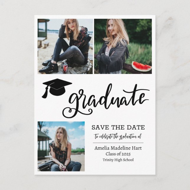 Simple Graduate Script Save The Date Photo Collage Announcement Postcard (Front)