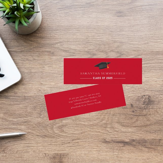 Simple Graduation 2025 Minimal Grad Custom Mini Business Card (Graduation 2025 White Red Grad Cap Mini Calling Card)