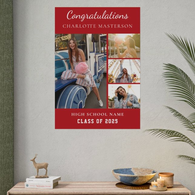 Simple Graduation 2025 Photo Collage Red Poster (Graduation 2025 4 Photo Collage Red Poster)