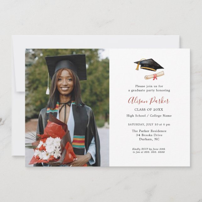 Simple Graduation Cap and diploma Photo  Invitation (Front)