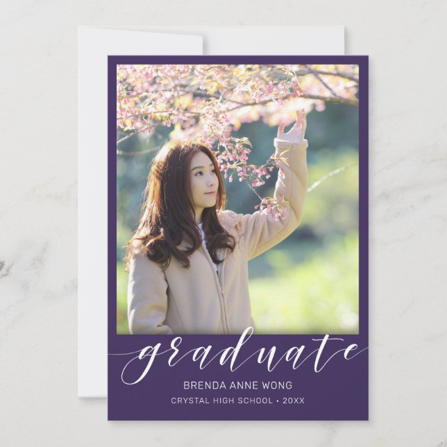Simple Graduation Photo White Script on Purple Announcement (Front)
