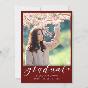 Simple Graduation Photo White Script on Red Announcement