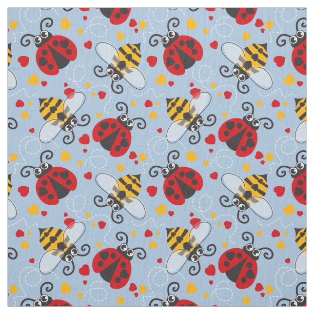 Simple graphic ladybugs and bees love hearts fabric (Swatch)