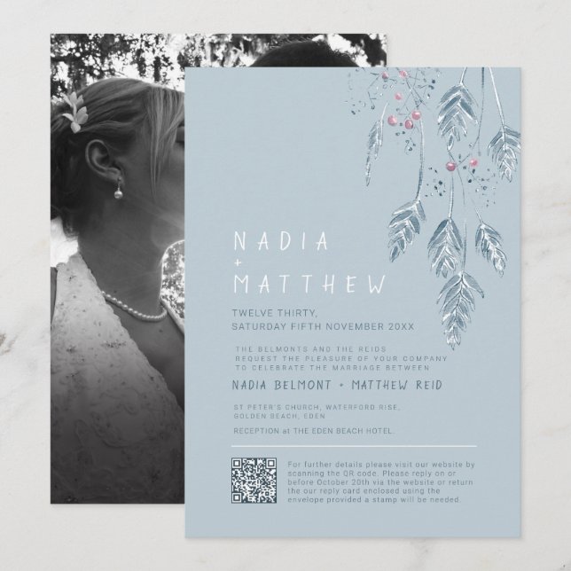Simple grass and berries dusty blue sketch photo invitation (Front/Back)