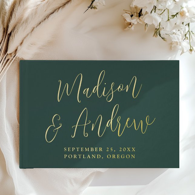 Simple Green and Gold Foil Script Photo Wedding Guest Book (Creator Uploaded)