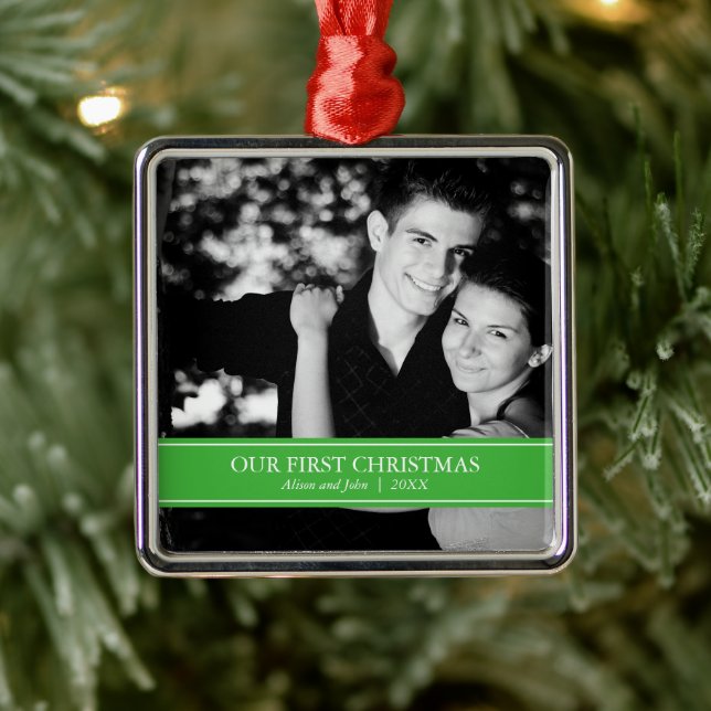 Simple Green and White Custom Photo Christmas Metal Ornament (Tree)