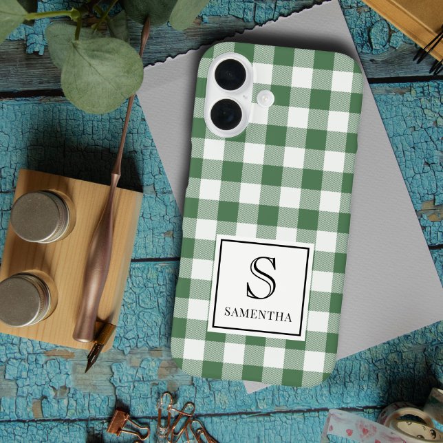 Simple Green and White Plaid Black Monogram & Name Case-Mate iPhone Case (Creator Uploaded)
