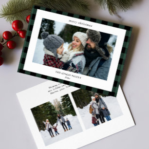 Simple Green Black Plaid Border 3 Photo Christmas Holiday Card