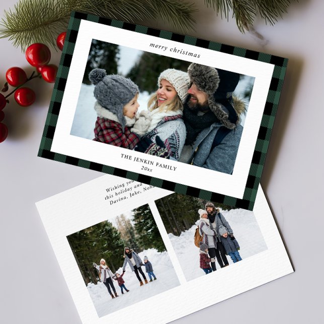 Simple Green Black Plaid Border 3 Photo Christmas Holiday Card (Creator Uploaded)