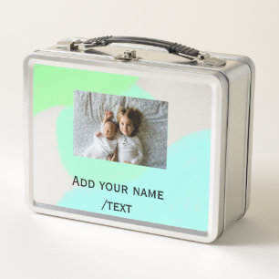simple green blue watercolor add photo custom text metal lunch box
