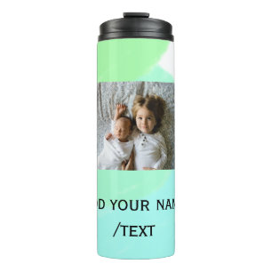 simple green blue watercolor add photo custom text thermal tumbler