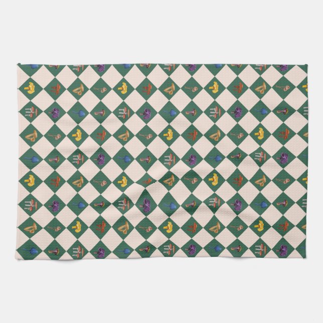 Simple green check with mushrooms tea towel (Horizontal)