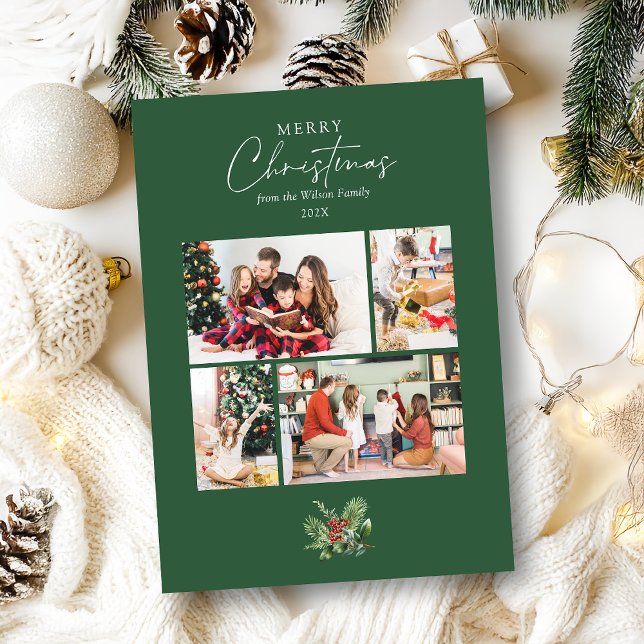 Simple Green Christmas 4 Photo Collage Greenery Holiday Card (Creator Uploaded)