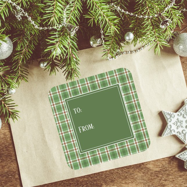 Simple Green Cute Plaid Minimalist Pattern  Square Sticker (Christmas holiday square sticker with green and red plaid pattern. )