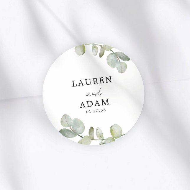 Simple Green Eucalyptus Wedding Classic Round Sticker (Creator Uploaded)