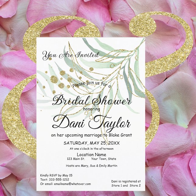Simple Green Foliage Gold Glitter Bridal Shower Invitation (Creator Uploaded)