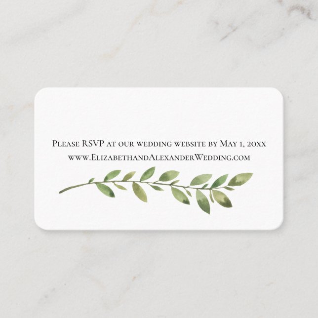 Simple Green Foliage, Wedding Website RSVP Business Card (Front)