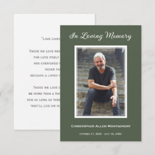 Simple Green Funeral Photo Memorial Prayer Card