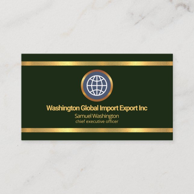 Simple Green Gold Borders Global Import Export Business Card (Front)