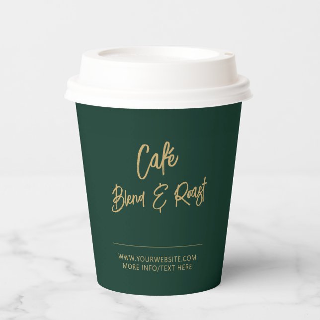 Simple Green & Gold Brush Script Business Logo Paper Cups (Front)