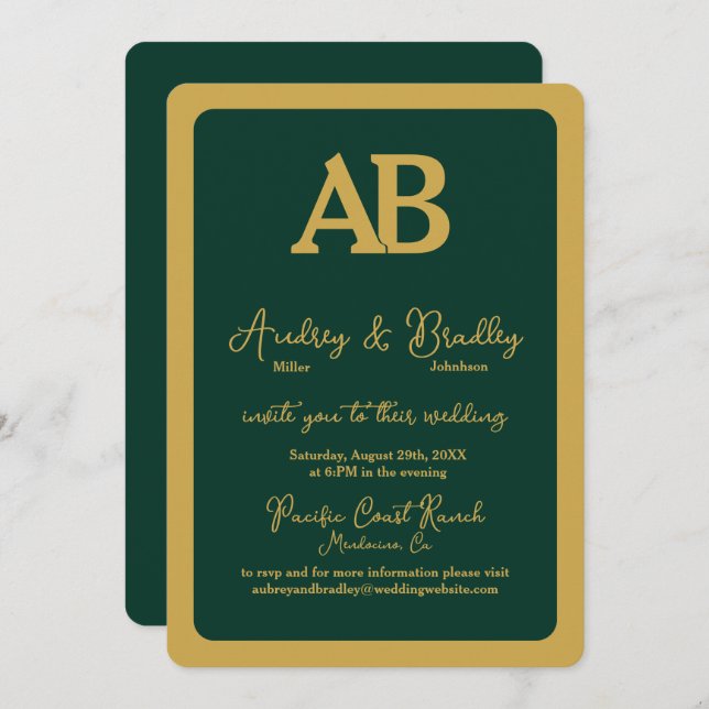 Simple Green Gold Frame 2 Letter Monogram Wedding Invitation (Front/Back)