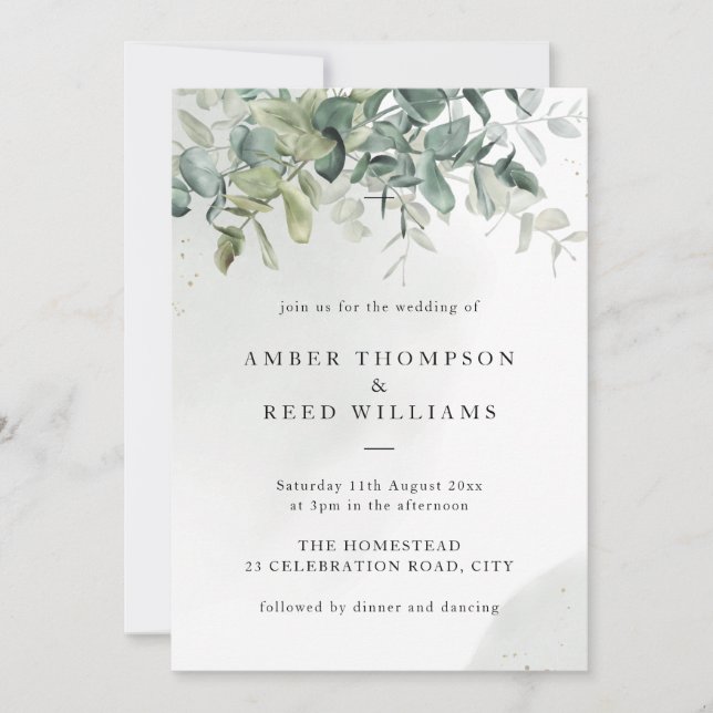 Simple Green & Gold Greenery Leaves Wedding  Invitation (Front)