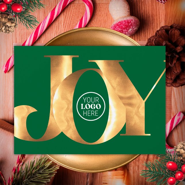 Simple Green Gold Joy Business Logo Happy Holidays Holiday Card (Front)