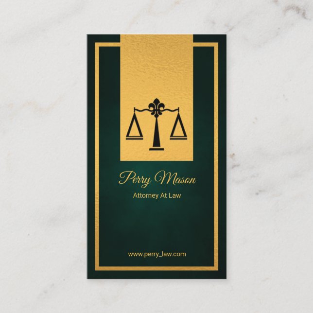 Simple Green Grunge Vertical Gold Border Lawyer Business Card (Front)