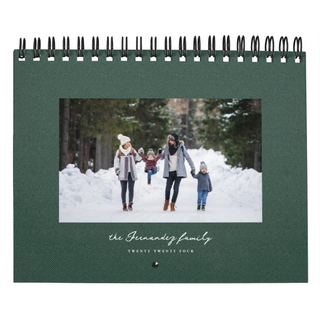 Simple green herringbone tweed classic family calendar (Cover)
