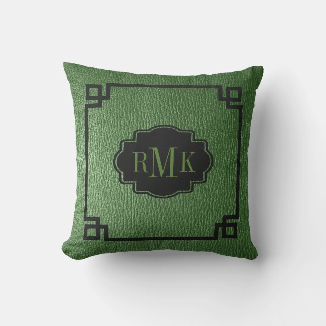 Simple Green Leather Texture Print Black Frame Cushion (Front)