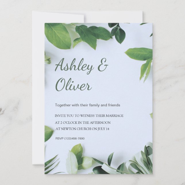 Simple Green Leaves Blue Greenery Wedding Invitation (Front)