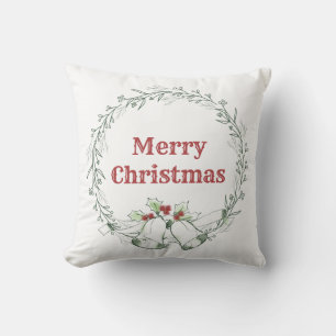 Simple Green Leaves Family Name Wreath Christmas Cushion