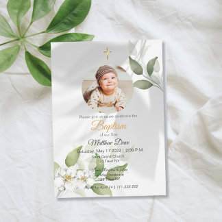 Simple Green leaves with Photo Baptism Invitation