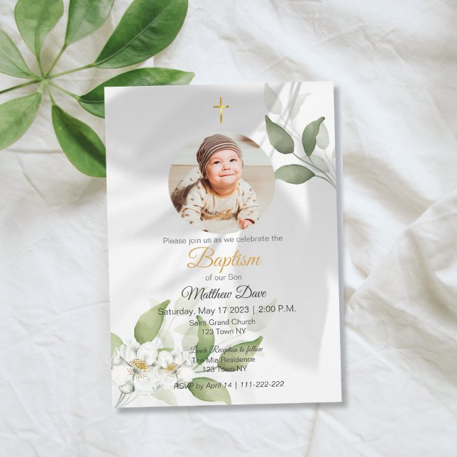 Simple Green leaves with Photo Baptism Invitation (Simple Green Leaves with photo Baptism Invitation)