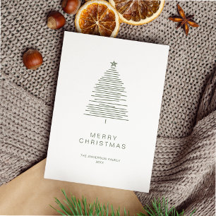 Simple Green Line Art Merry Christmas Tree Holiday Card