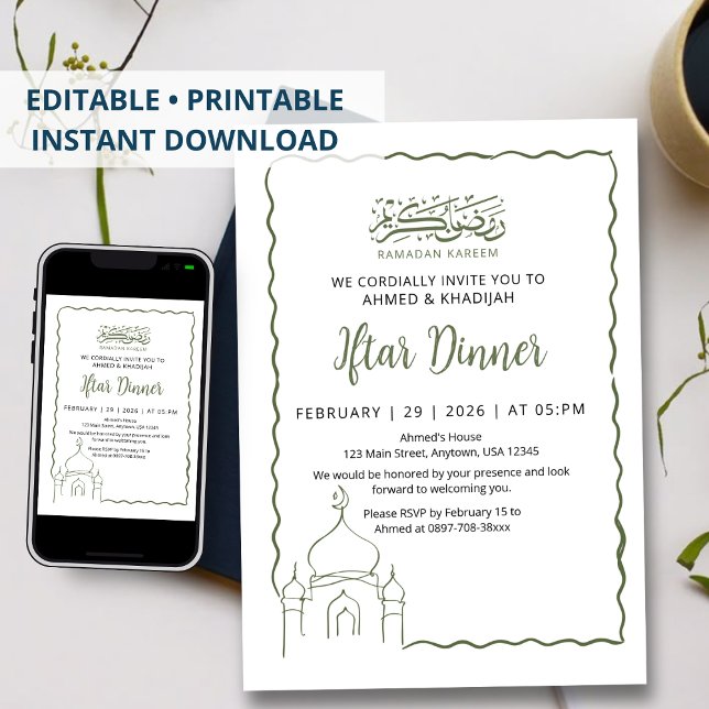 Simple Green Line Art Mosque Ramadan Iftar Dinner Invitation (Creator Uploaded)