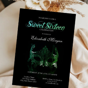 Simple Green Masque Black Sweet 16 Invitation