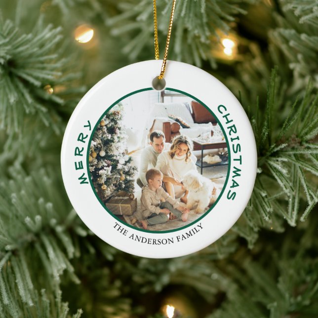 Simple Green Merry Christmas Family Photo Ceramic Ornament (Tree)
