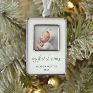 Simple Green Minimalist Photo Baby's First Silver Plated Framed Ornament