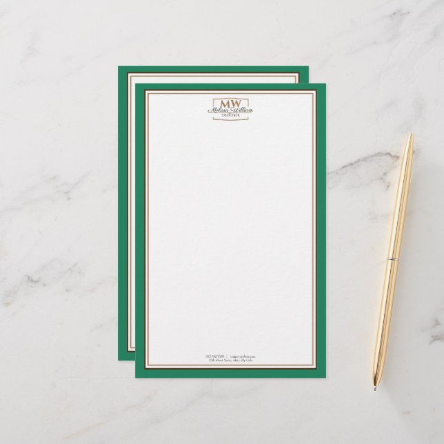 Simple Green Monogram Business Stationery (Front/Back In Situ)