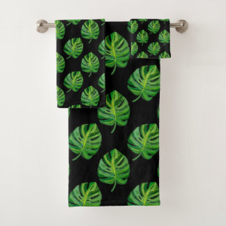 Simple Green Monstera Leaf Pattern on Black Bath Towel Set
