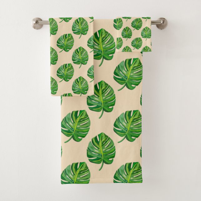 Simple Green Monstera Leaf Pattern on Light Beige Bath Towel Set (Insitu)