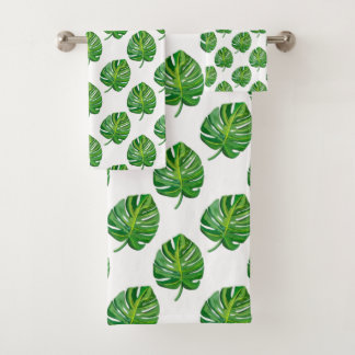 Simple Green Monstera Leaf Pattern on White Bath Towel Set