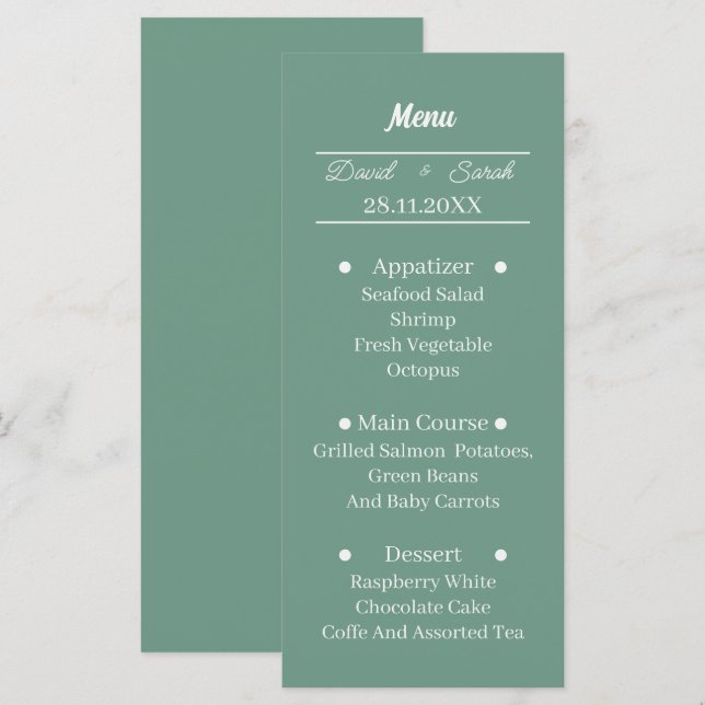 Simple Green Personalised Wedding Dinner Menu (Front/Back)