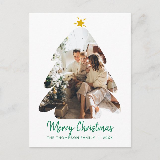 Simple Green Photo Christmas Tree Merry Christmas Postcard (Front)