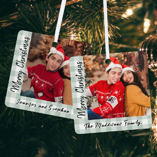 Simple Green Plaid Couple Family Photos Christmas Metal Tree Decoration