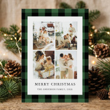 Simple Green Plaid Family Photo Christmas