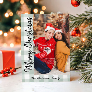 Simple Green Plaid Family Photo Merry Christmas Holiday Card