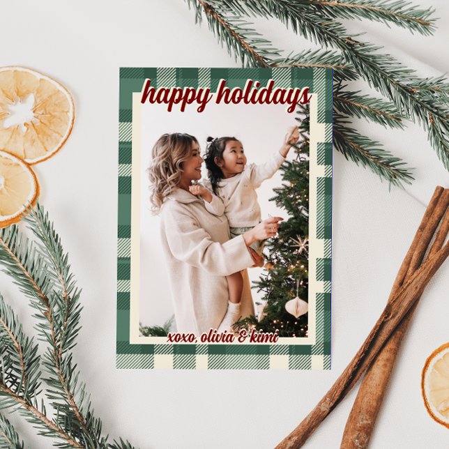 Simple Green Plaid Holiday Card with Photo (Creator Uploaded)
