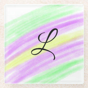 Simple green purple watercolor add your monogram n glass coaster